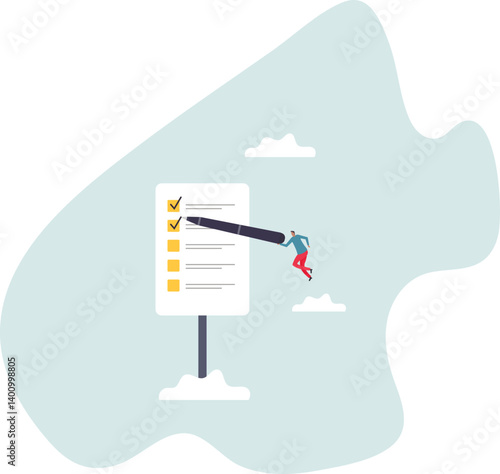 Completed checklist, finishing project tasks or work done conclusion, project management or process plan.character for design.