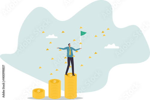 Financial success, reaching financial freedom, money achievement or earning profit or savings or investment goal.character for design.
