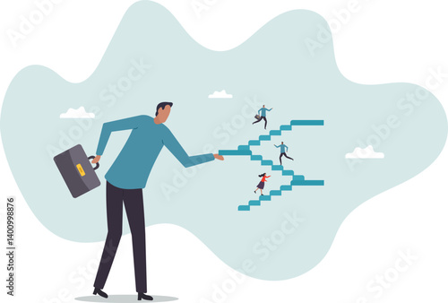 Career path or improvement, growth stair to success, job promotion or business competition, aspiration or motivation to succeed .character for design.