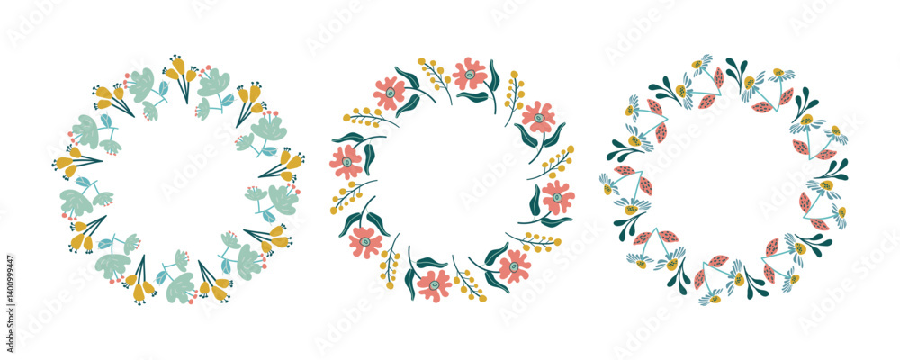 Spring floral circle frame set. Hand drawn botanical wreaths featuring branches, leaves, and flowers. Vector isolated illustrations perfect for wedding invitations, cards, and logos. Spring floral circle frame set. Hand drawn botanical wreaths featuring branches, leaves, and flowers. Vector isolated illustrations perfect for wedding invitations, cards, and logos.