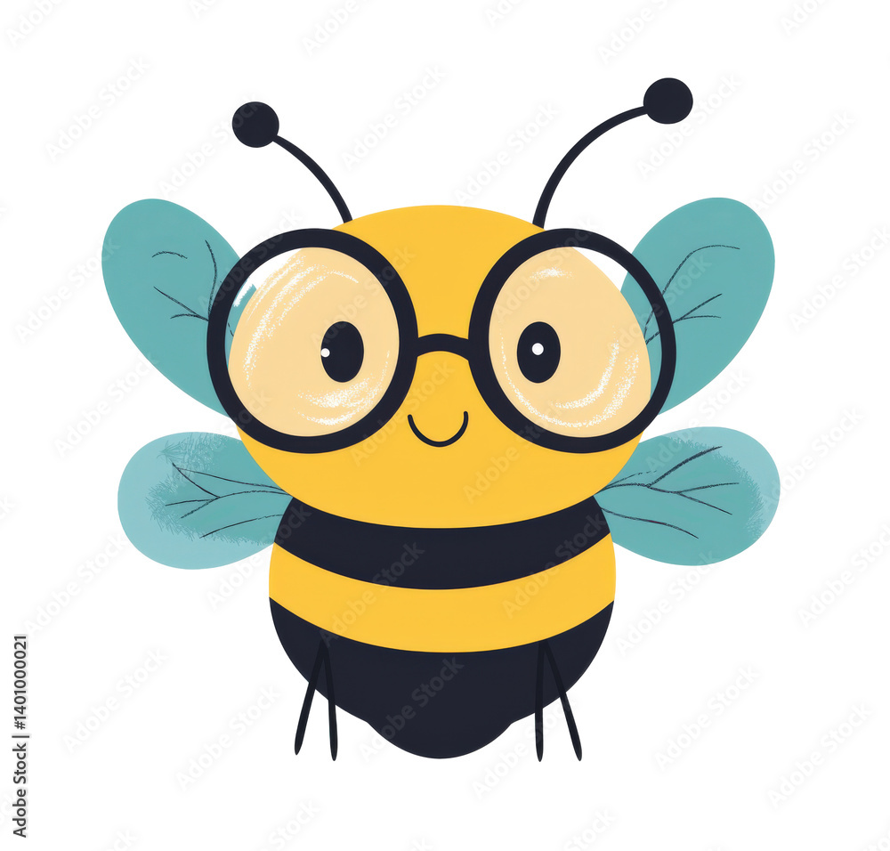 Obraz premium Cute cartoon bee wearing glasses with a friendly expression and colorful wings