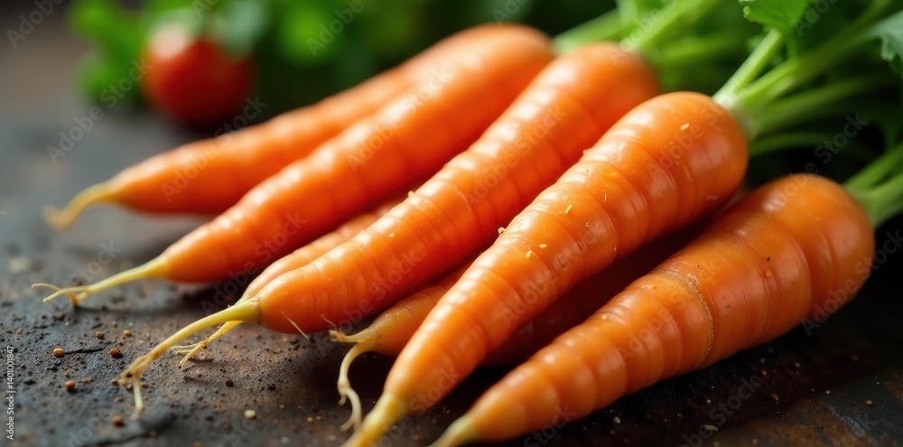 Close-up of vibrant carrots with leafy greens, greens, diet Close-up of vibrant carrots with leafy greens, greens, diet