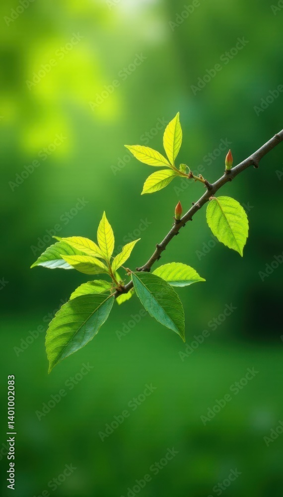Young tree branch with lush green leaves and flowers in a serene outdoor setting, tree branches, outdoor scenery Young tree branch with lush green leaves and flowers in a serene outdoor setting, tree branches, outdoor scenery