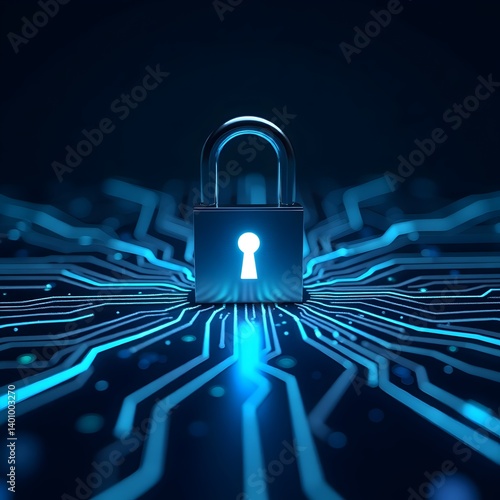 Secure your data with robust cybersecurity a glowing digital lock on a circuit board background