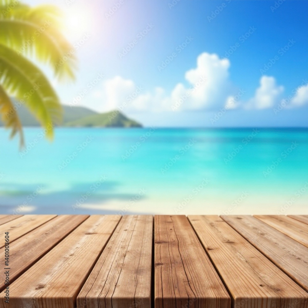 Weathered wooden planks, blurred ocean backdrop, beach, copy space Weathered wooden planks, blurred ocean backdrop, beach, copy space