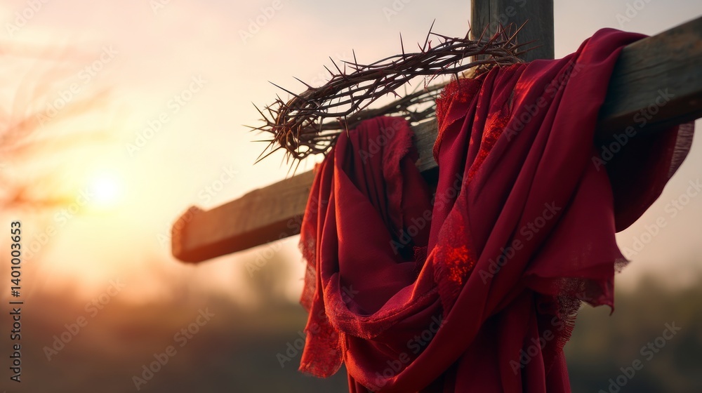 Fototapeta premium Cross with Crown of Thorns and Red Cloth at Sunset Remembrance