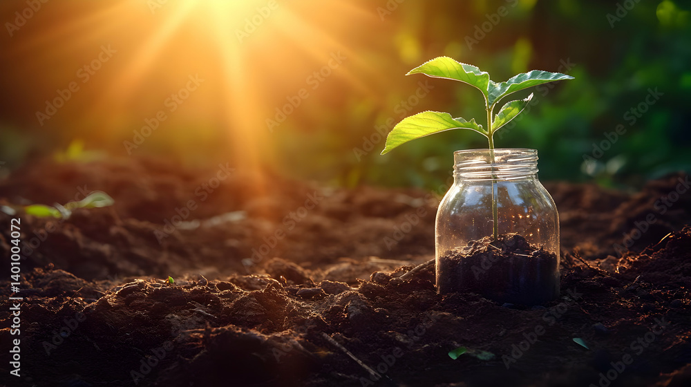 Young Sprout in Clear Jar on Dark Soil Lit by Golden Sunlight Representing New Life Growth and Nurturing Environment in Soft Warm Light