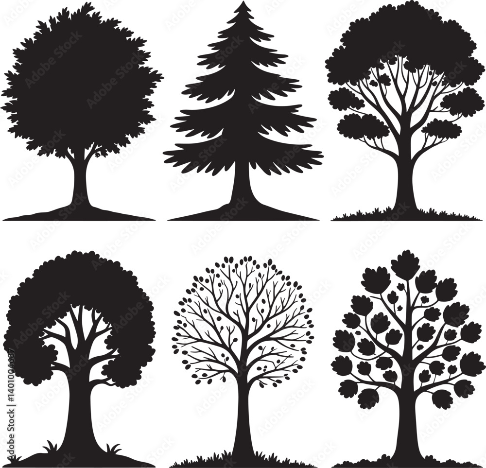 Fototapeta premium Different tree set silhouette vector illustration isolated On Transparent Background