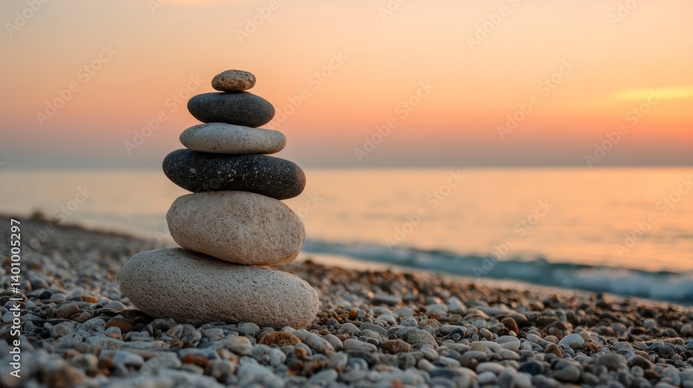 Fototapeta premium Stacking Stones on Pebble Beach at Sunset Creating Balanced Zen Art