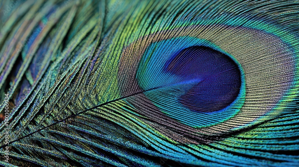 Obraz premium Macro photography of a peacock feather eye spot with vibrant blue, green, gold, and black hues