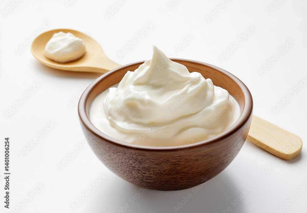 Isolated white vanilla dessert with a spoon in a glass bowl Isolated white vanilla dessert with a spoon in a glass bowl