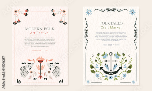 Folk sea vector set of invitations, flyers or advertising templates pack in Nordic style, hygge ready to use designs or prints. scandi folk motifs - fish, coral, seaweeds, flowers