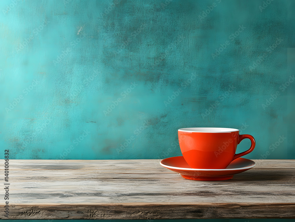 Vibrant Red Cup on Wooden Table Against Textured Blue Background Vibrant Red Cup on Wooden Table Against Textured Blue Background