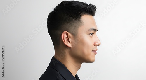 Profile Portrait of a Young Asian Man Against a White Background