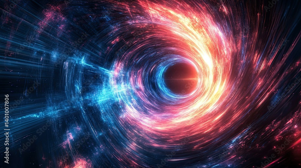Abstract image of vibrant pink and blue light streaks converging on a glowing circular core. Abstract image of vibrant pink and blue light streaks converging on a glowing circular core.