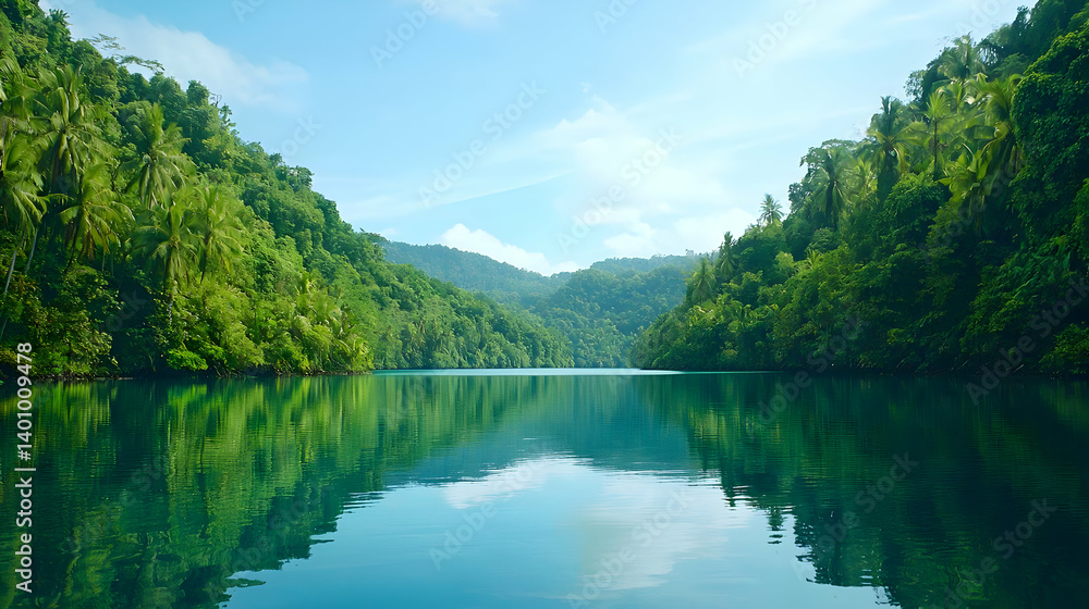 Serene Tropical River Valley With Lush Green Trees And Clear Water Serene Tropical River Valley With Lush Green Trees And Clear Water