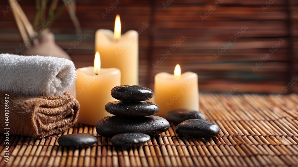 Spa Still Life with Candles, Stones, and Towels on Bamboo Mat Spa Still Life with Candles, Stones, and Towels on Bamboo Mat