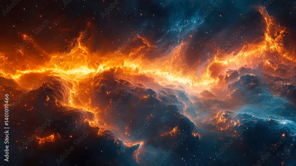 A mesmerizing cosmic scene of fiery nebulae stretching across space, forming a luminous galactic network A mesmerizing cosmic scene of fiery nebulae stretching across space, forming a luminous galactic network