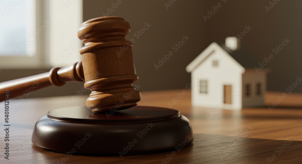 Gavel rests on a block of wood with a house in the background. Gavel rests on a block of wood with a house in the background.