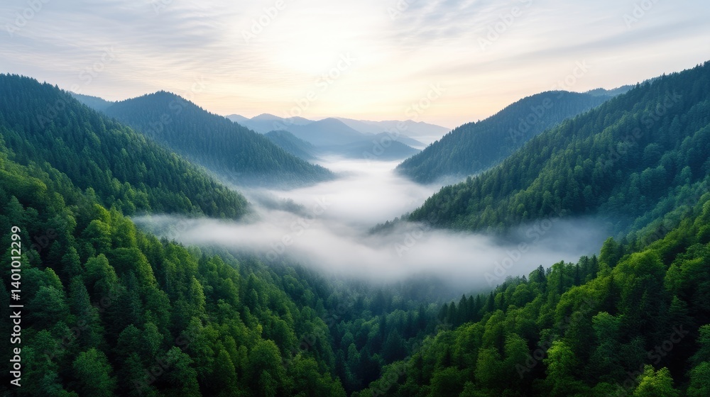 Obraz premium Mountain Valley Misty Landscape Aerial Panoramic High-Resolution Wide Angle View Serene Sunrise Atmosphere Calm Green Tones Ideal for Nature Travel Advertising