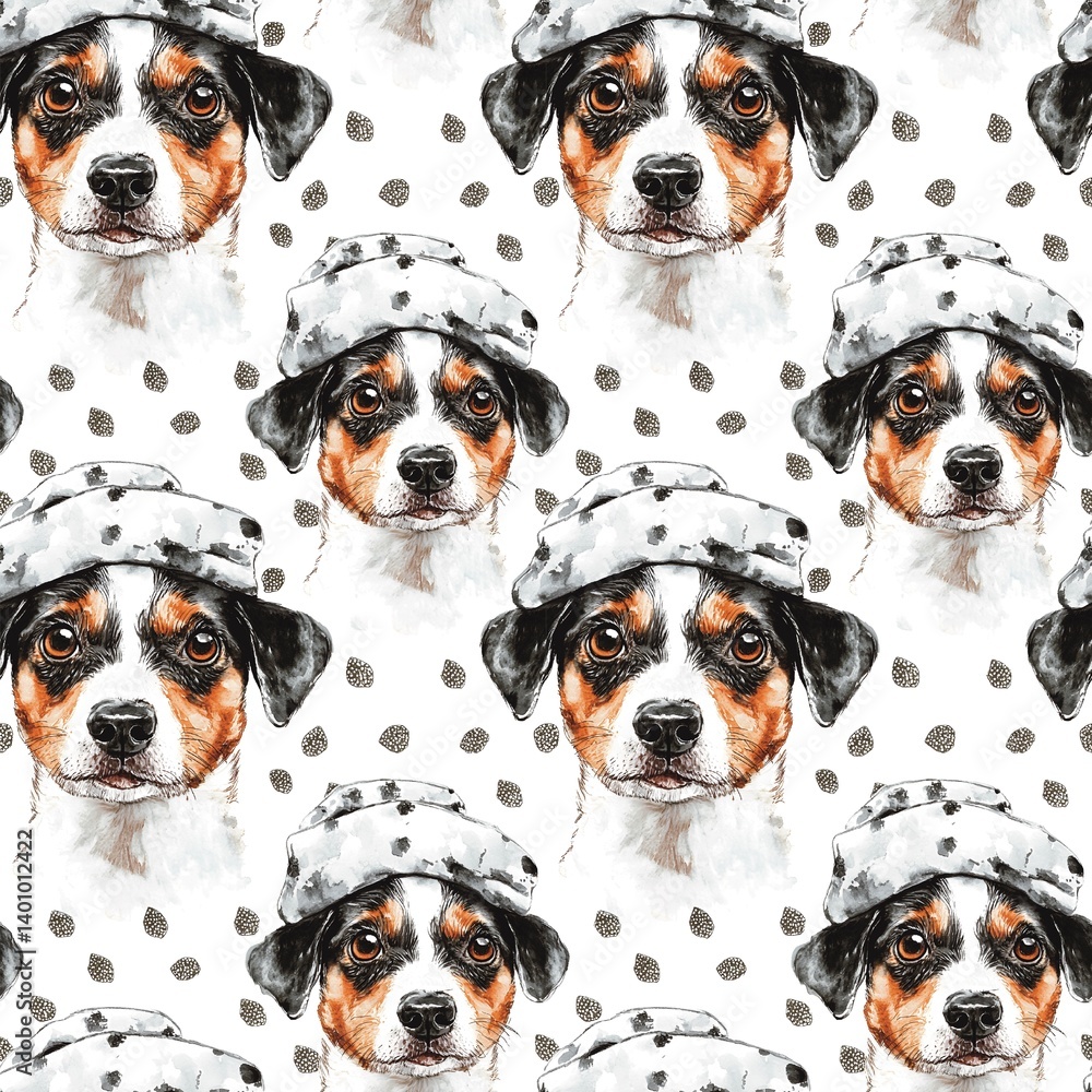 Dog wearing a hat, watercolor, seamless fabric pattern, textile, background Dog wearing a hat, watercolor, seamless fabric pattern, textile, background