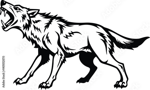 Aggressive Wolf Growling Silhouette with Sharp Fangs and Claws on White Background