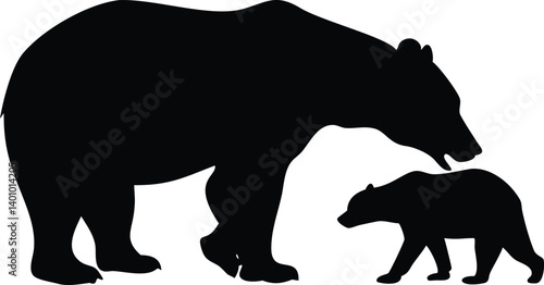 Bear and Cub Silhouette, Wildlife Black Animals on Transparent Background Design