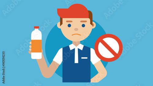 Lack of Breaks A beleaguered fastfood worker clutching an empty water bottle in front of a No Breaks Allowed sign demonstrating how workers are denied necessary breaks.