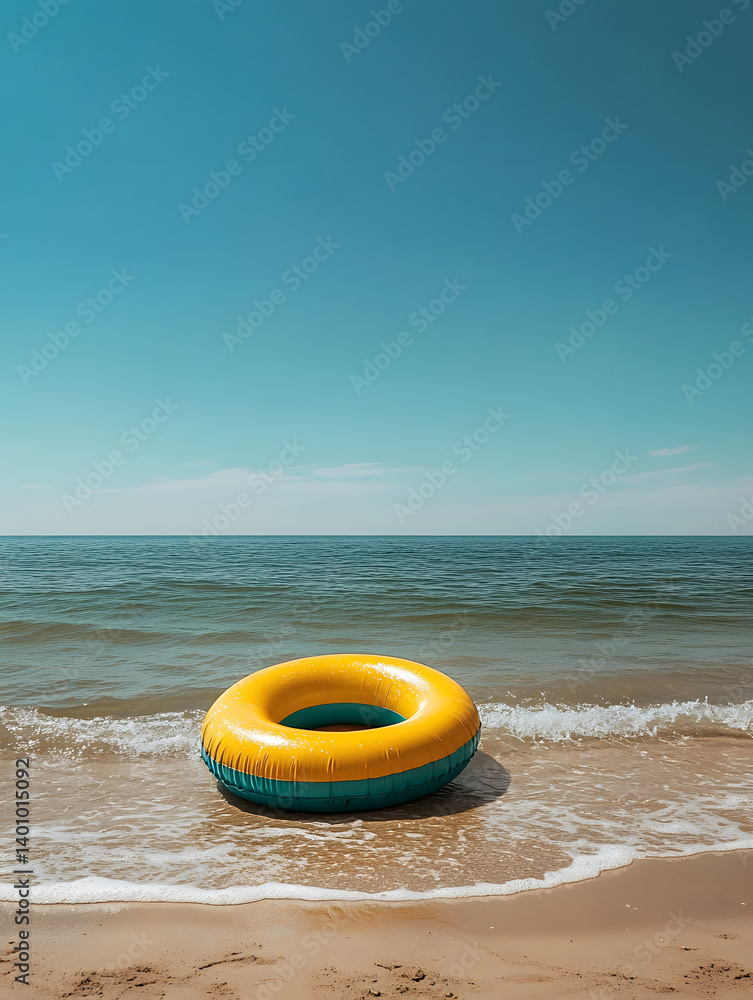 Obraz premium Bright Inflatable Swim Ring on a Sandy Beach by the Ocean