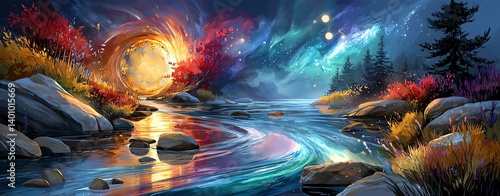 A breathtaking landscape featuring a serene river flowing through vibrant foliage under a cosmic sky. Ideal for evoking tranquility and wonder.