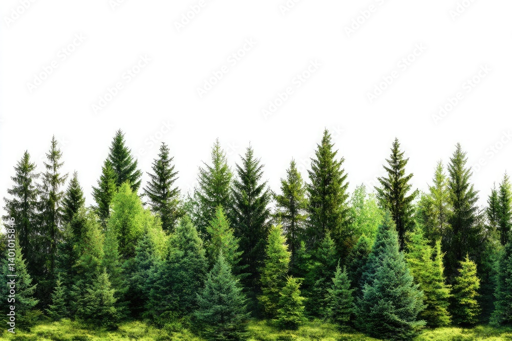 Fototapeta premium A dense forest of evergreen trees with a white background creating a natural border or frame effect