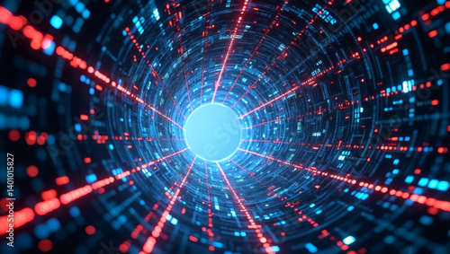 Digital tunnel with glowing lights and data streams
