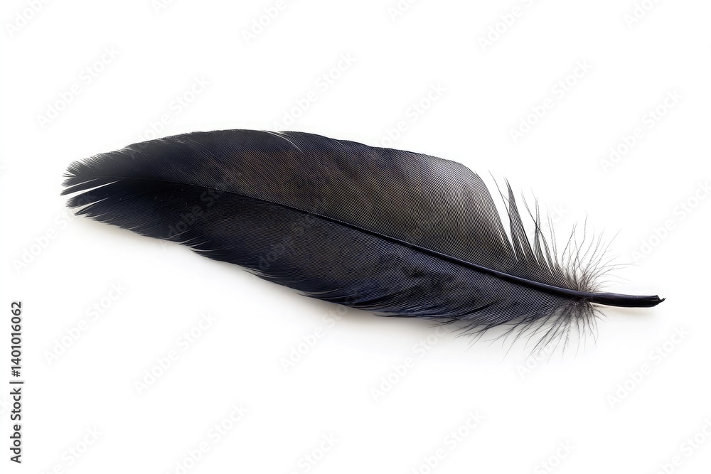 A single dark feather lying diagonally on a plain white surface casting a subtle shadow below it A single dark feather lying diagonally on a plain white surface casting a subtle shadow below it