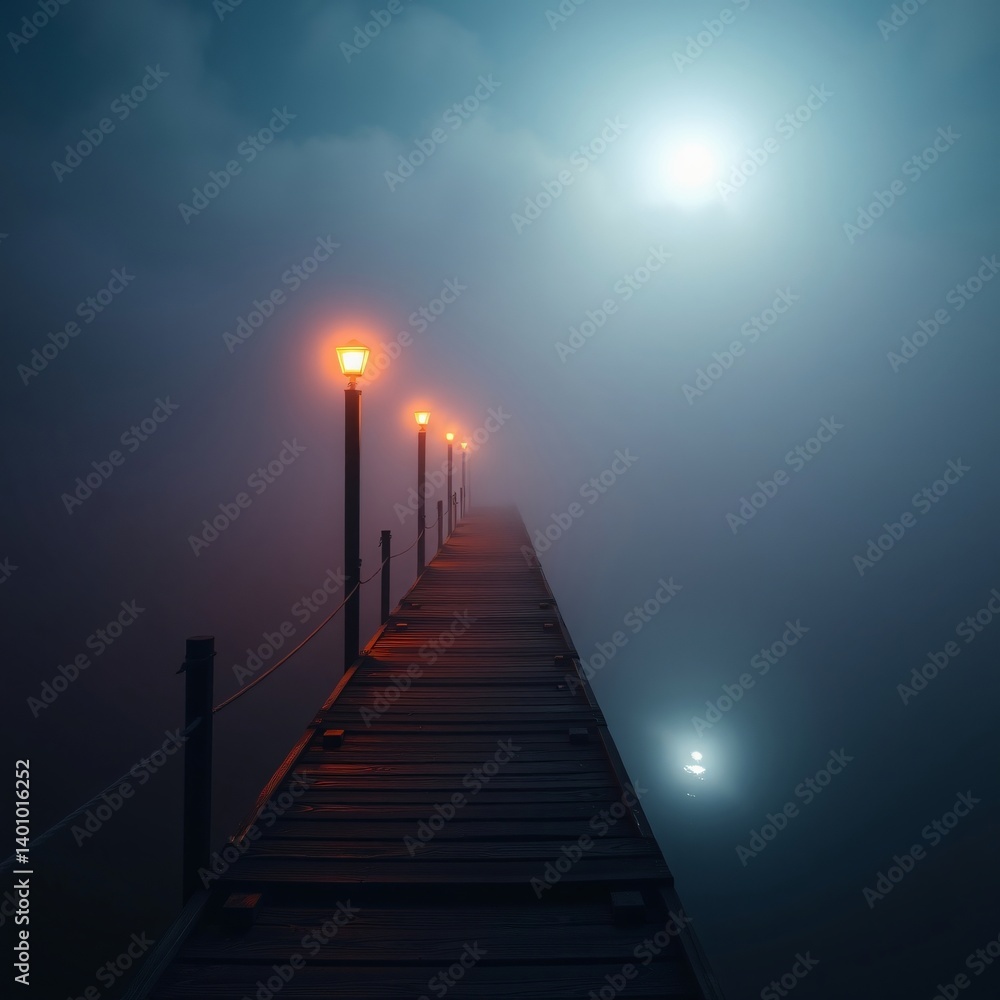 Obraz premium Walking on Pier with Lights in Foggy Mysterious Atmosphere