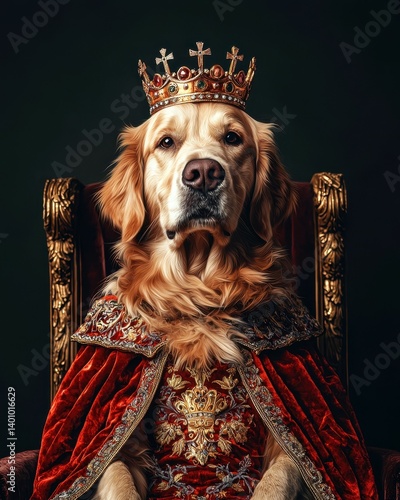 Royal pet dog portrait royalty. Regal Golden Retriever Portrait in Elaborate Crown and Robe