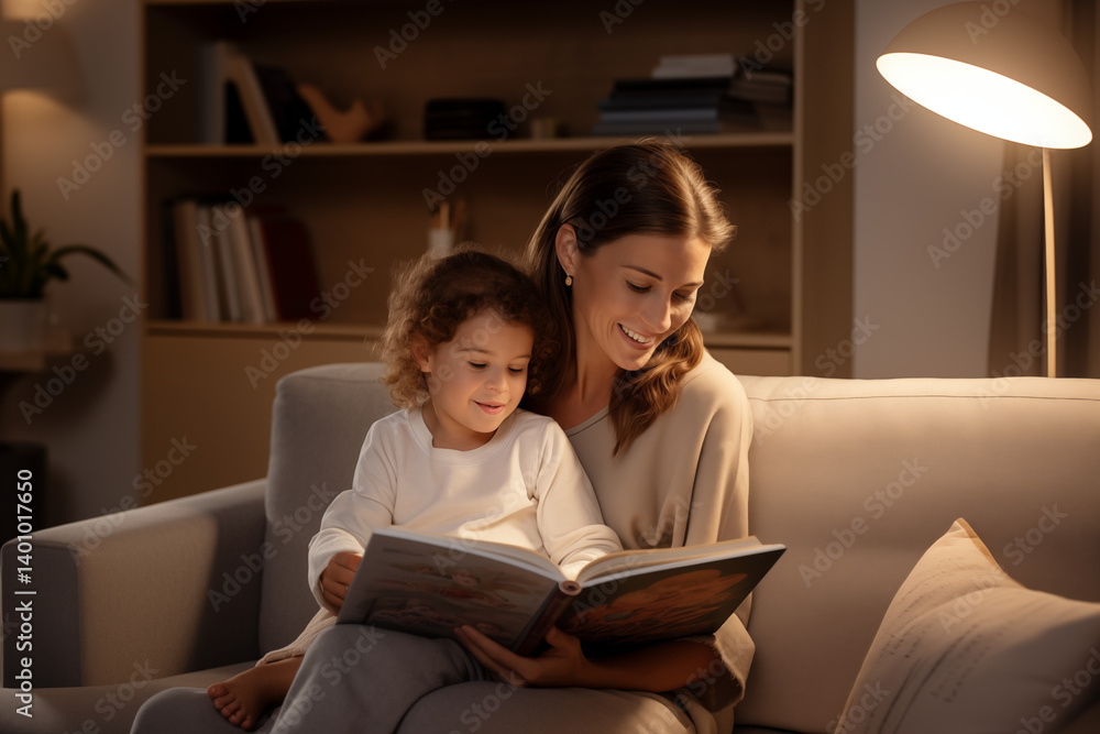 A mother and her toddler enjoy reading a picture book together on a cozy sofa in the evening. The warm lighting, minimalist home interior, and soft tones create a peaceful and intimate atmosphere full A mother and her toddler enjoy reading a picture book together on a cozy sofa in the evening. The warm lighting, minimalist home interior, and soft tones create a peaceful and intimate atmosphere full