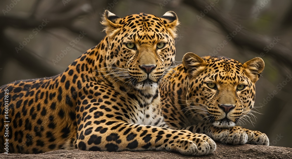 Fototapeta premium AI image Two alert leopards resting closely together on a rock, gazing intently with beautiful spotted coats and watchful eyes.