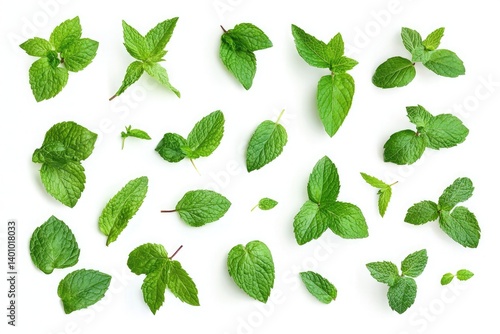 A flat lay of fresh green mint leaves scattered on a bright white background in a studio setting