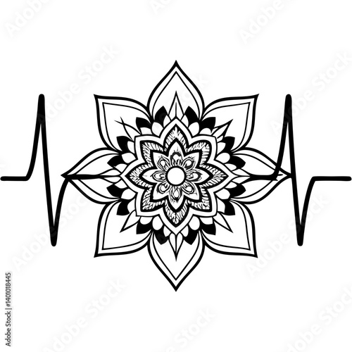 Mandala Pulse heartbeat icon logo. Mandala flower tattoo vector