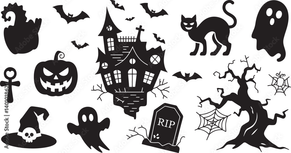 Obraz premium Happy Halloween set of black silhouette vector illustration isolated On Transparent Background
