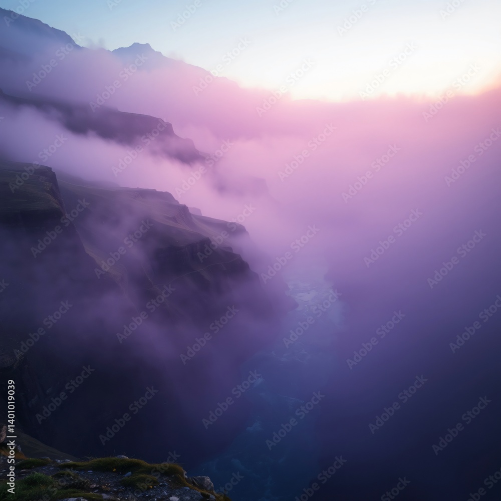 Fototapeta premium Mountains Covered in Fog at Sunset with Colorful Sky