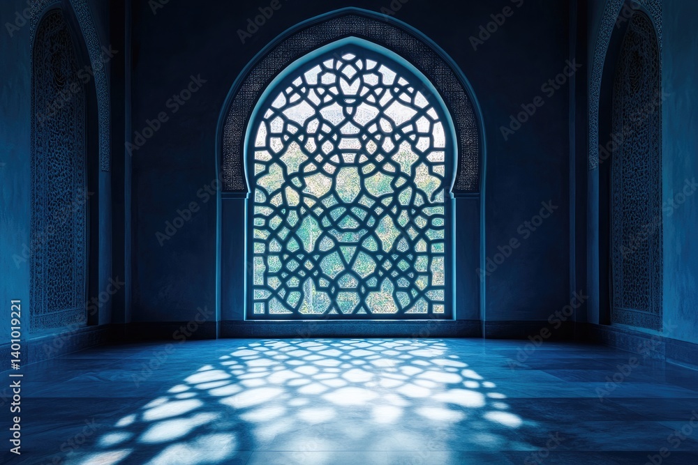 Fototapeta premium Ornate window with intricate geometric design casting patterned light on a blue tiled floor indoors