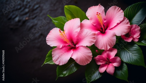 vibrant pink hibiscus flowers with lush green leaves against dark background create stunning visual intricate details and rich colors evoke sense of tropical beauty and tranquility
