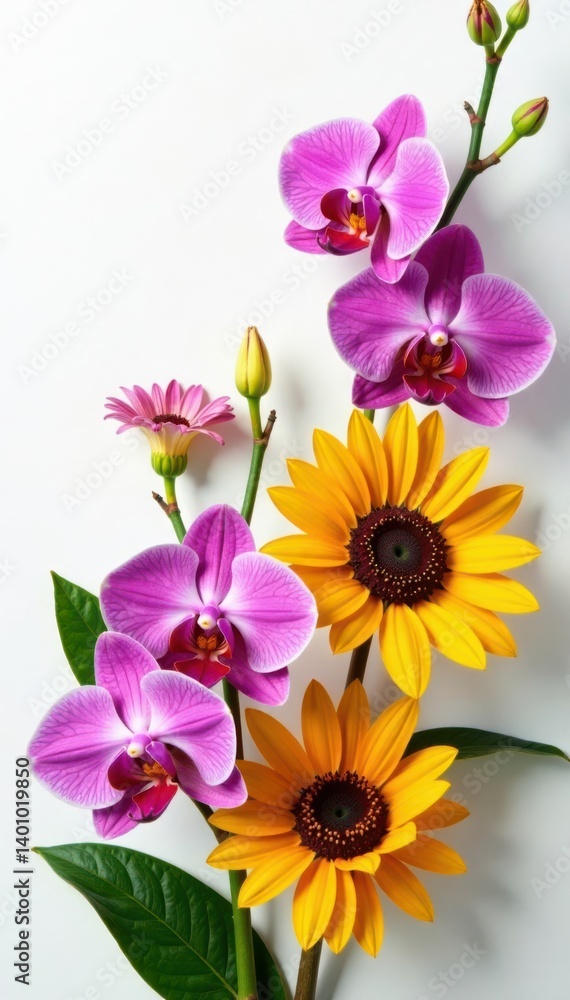 Obraz premium Exotic Orchids and sunflowers mix on white canvas, flowers, art