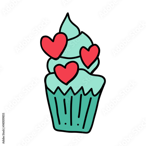 Hand drawn cute cupcake with mint frosting and red heart decorations, perfect for Valentines Day celebrations. Sweet and romantic cupcake ideal for love, dating or cozy cafe atmosphere. Love Cupcake