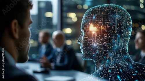 Conflict office diversity. A futuristic scene depicting a digital human figure with circuitry, engaged in a business meeting with professionals in a modern office setting.