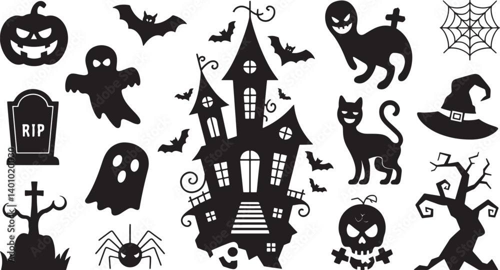 Obraz premium Happy Halloween set of black silhouette vector illustration isolated On Transparent Background