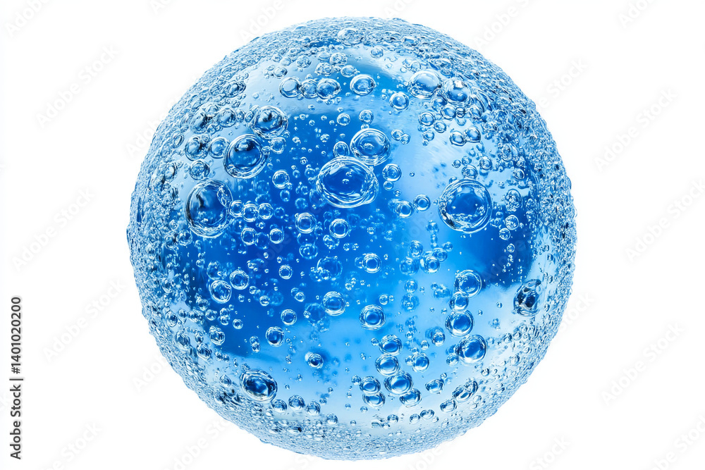 A sphere of blue liquid with many bubbles on a plain white background view A sphere of blue liquid with many bubbles on a plain white background view