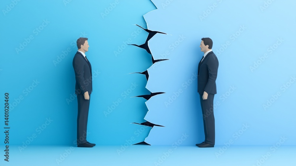 Fototapeta premium Conflict office diversity. Two businessmen face each other across a cracked wall, symbolizing division or conflict in a professional setting.