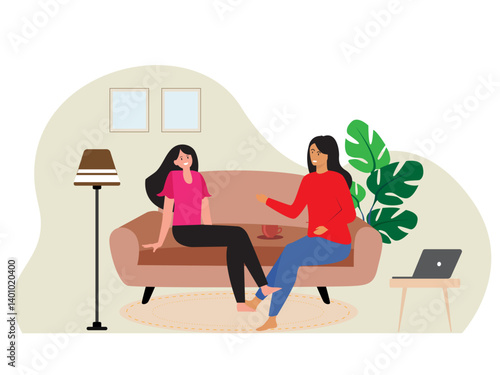 smiling woman friends happy female laughing gossiping comfortable couch people spending time together friendly conversation cartoon vector illustration clipart